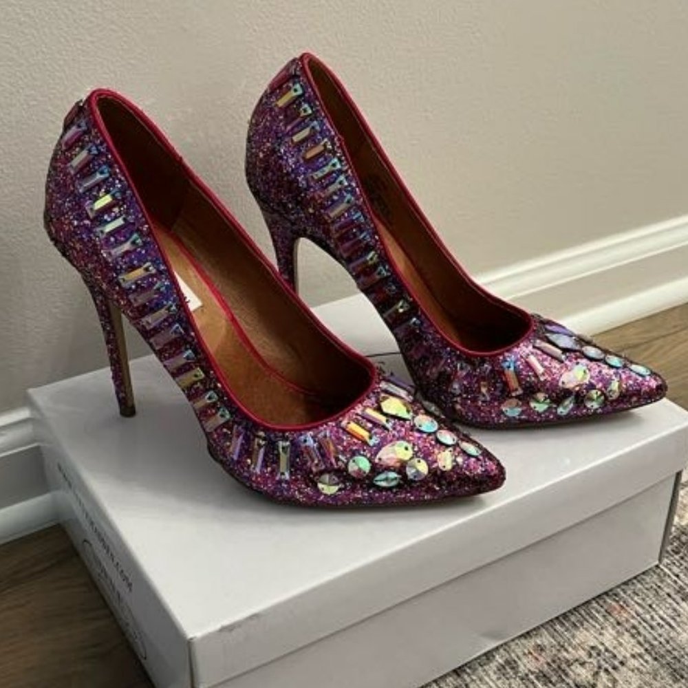 Steve Madden Galaxy High Heels Fuschia Pink Glitter Rhinestone Bling Pumps